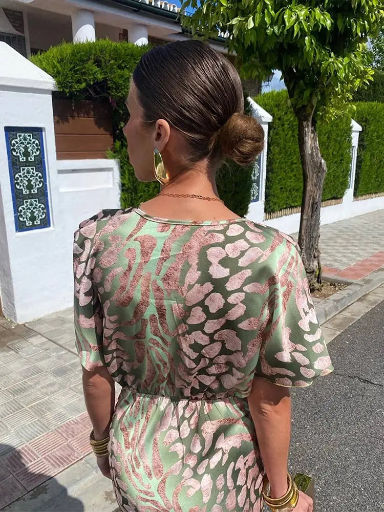 Dames Midi Jurk met Diepe V-hals en Korte Mouw met Twist-detail en Dierenprint