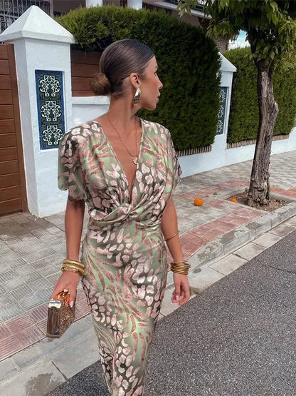 Dames Midi Jurk met Diepe V-hals en Korte Mouw met Twist-detail en Dierenprint
