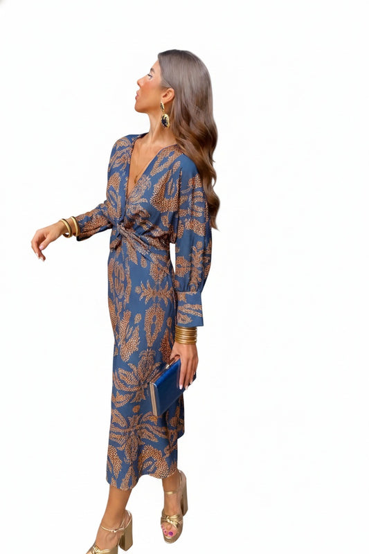 Dames Midi Jurk met Diepe V-hals, Twist Detail en Bloemenprint