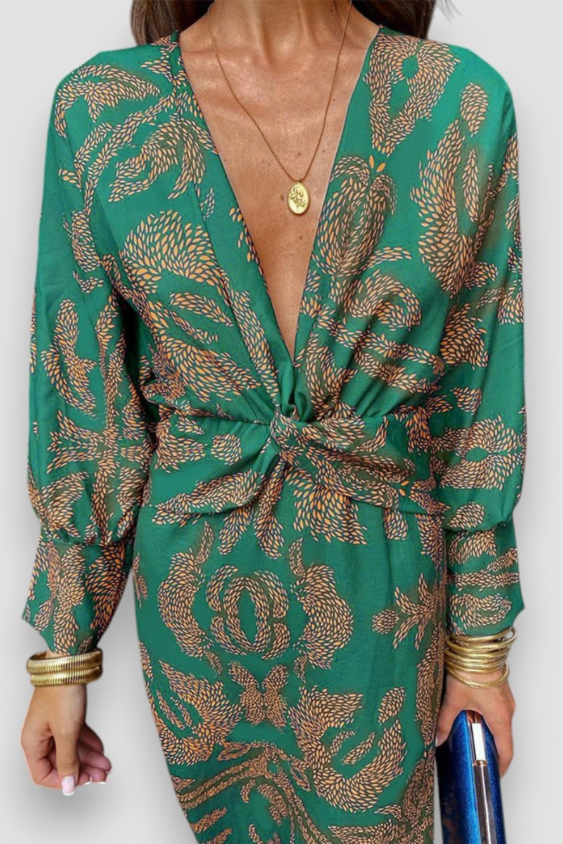 Dames Midi Jurk met Diepe V-hals, Twist Detail en Bloemenprint