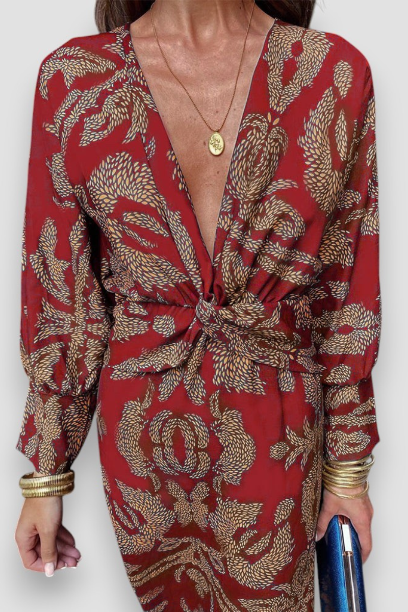Dames Midi Jurk met Diepe V-hals, Twist Detail en Bloemenprint