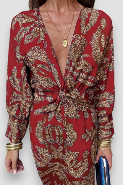Dames Midi Jurk met Diepe V-hals, Twist Detail en Bloemenprint