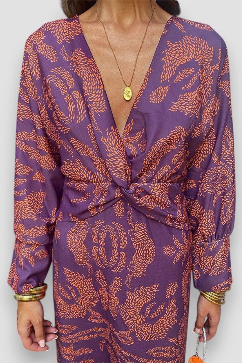 Dames Midi Jurk met Diepe V-hals, Twist Detail en Bloemenprint