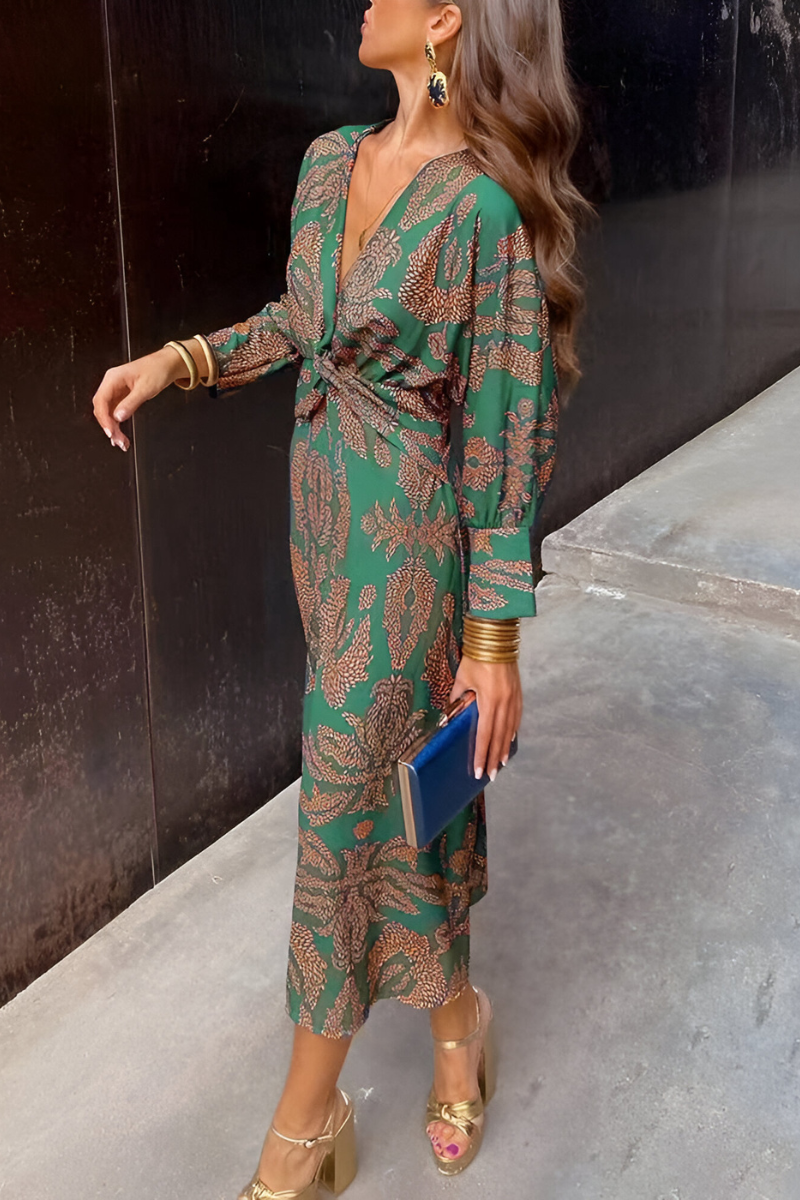 Dames Midi Jurk met Diepe V-hals, Twist Detail en Bloemenprint Groen