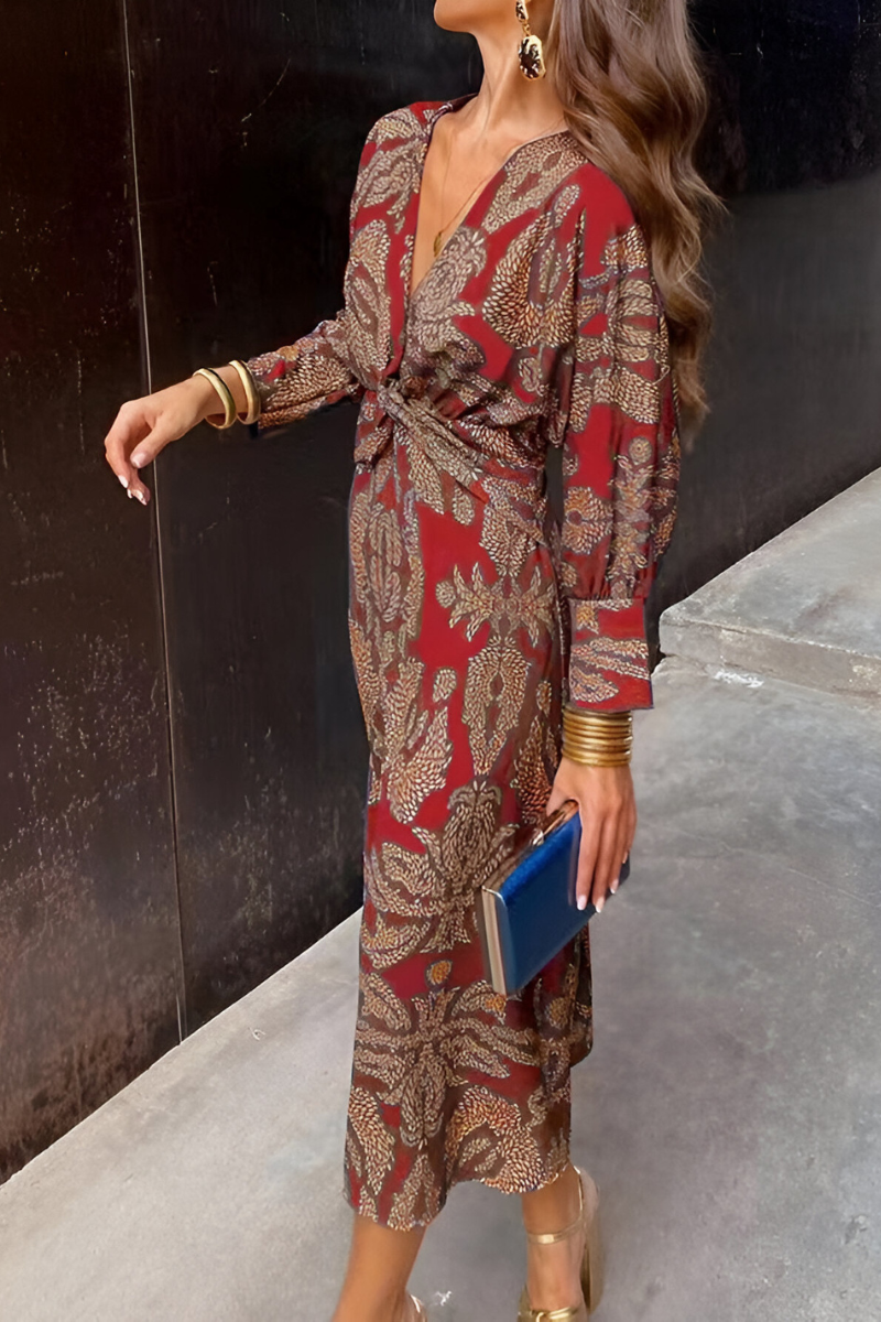 Dames Midi Jurk met Diepe V-hals, Twist Detail en Bloemenprint Rood