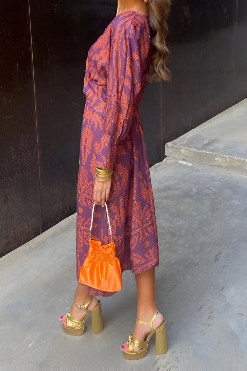 Dames Midi Jurk met Diepe V-hals, Twist Detail en Bloemenprint Paars