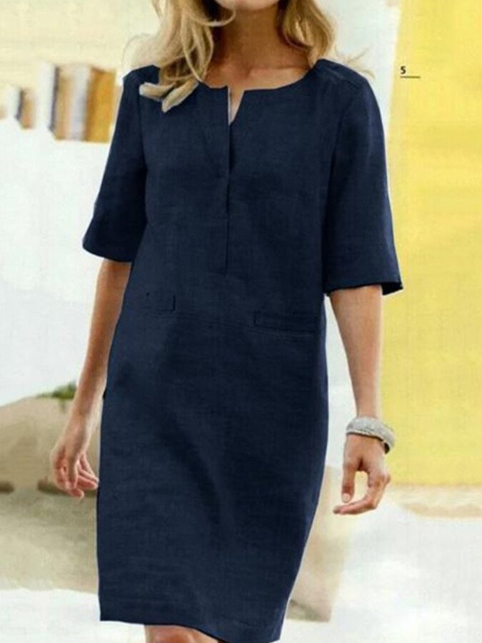 Dames Midi Jurk met Driekwart Mouw, Splithalslijn en Zijzakken Marineblauw