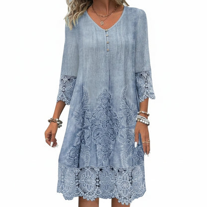 Dames Midi Jurk met Driekwart Mouw, V-hals en Kant Boho Print