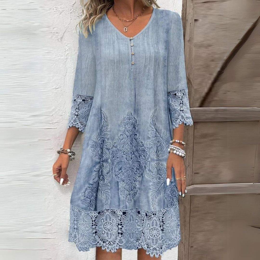 Dames Midi Jurk met Driekwart Mouw, V-hals en Kant Boho Print