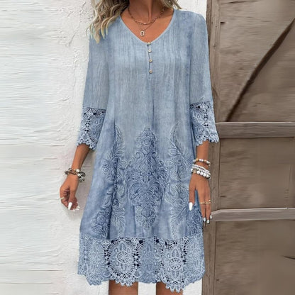 Dames Midi Jurk met Driekwart Mouw, V-hals en Kant Boho Print