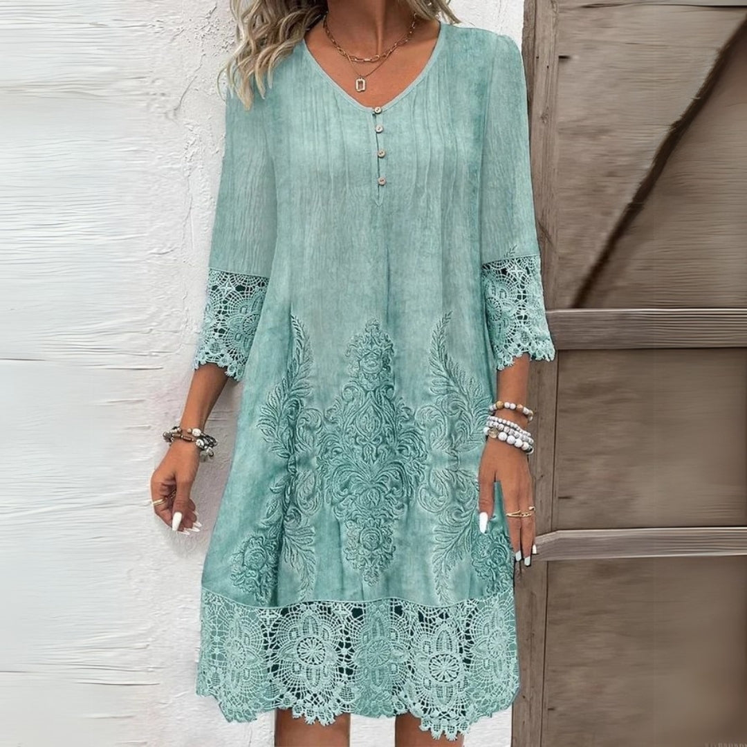 Dames Midi Jurk met Driekwart Mouw, V-hals en Kant Boho Print
