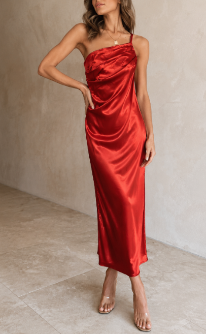 Dames Midi Jurk met Één Schouder en Drapering Rood