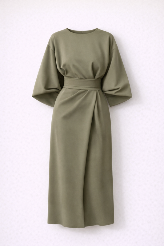 Dames Midi Jurk met Kimono Mouwen en Tailleband