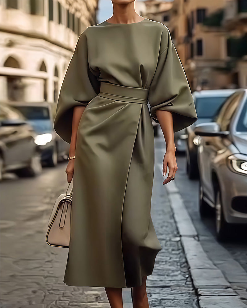 Dames Midi Jurk met Kimono Mouwen en Tailleband Olijfgroen