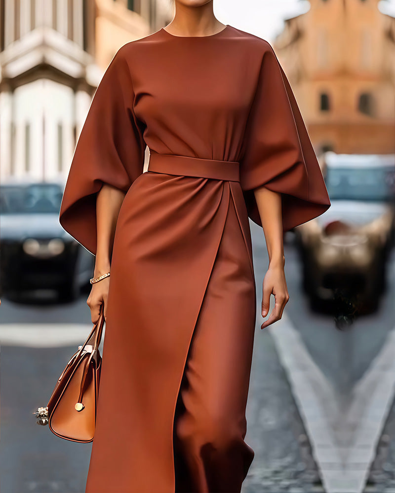 Dames Midi Jurk met Kimono Mouwen en Tailleband Terracotta