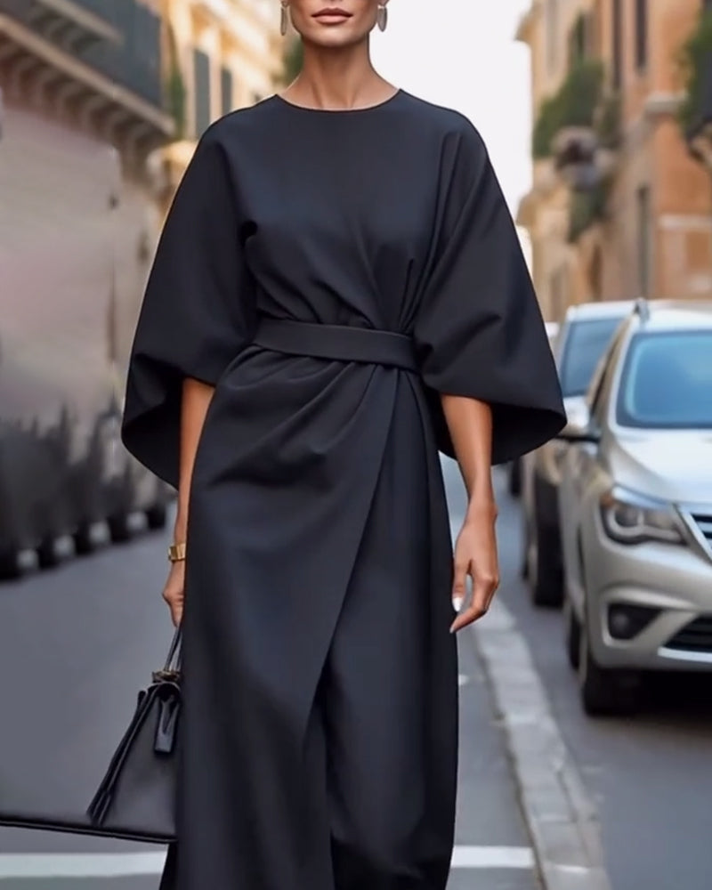 Dames Midi Jurk met Kimono Mouwen en Tailleband