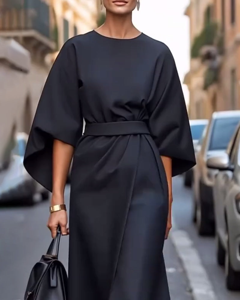Dames Midi Jurk met Kimono Mouwen en Tailleband