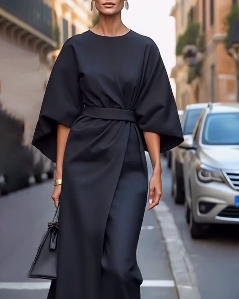 Dames Midi Jurk met Kimono Mouwen en Tailleband