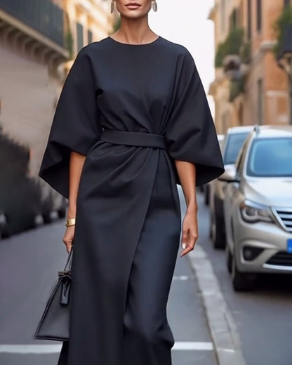 Dames Midi Jurk met Kimono Mouwen en Tailleband