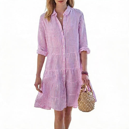 Dames Midi Jurk met Knoopsluiting, Kraag en Streepprint