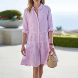 Dames Midi Jurk met Knoopsluiting, Kraag en Streepprint