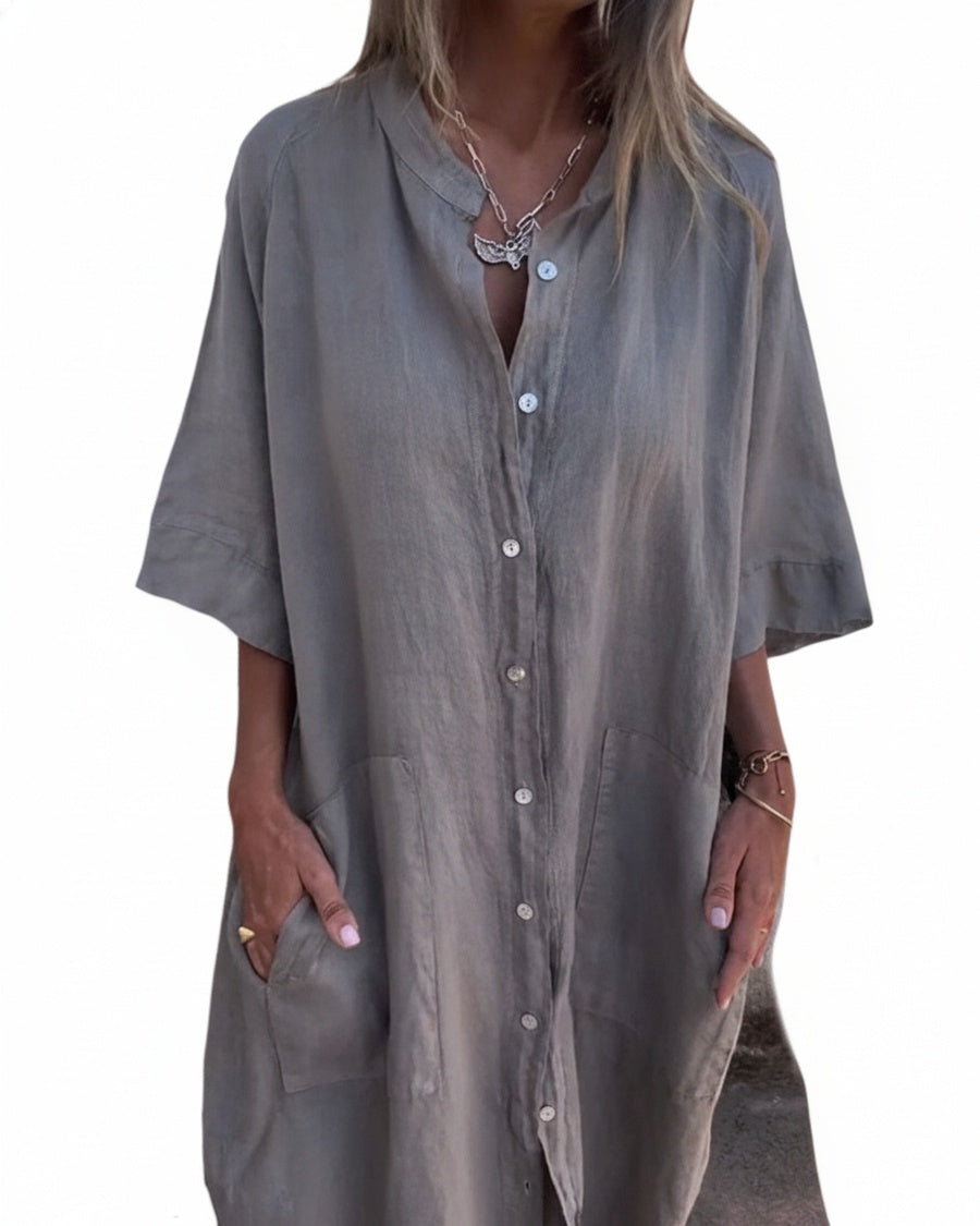 Dames Midi Jurk met Knoopsluiting Oversized en Zijsplit