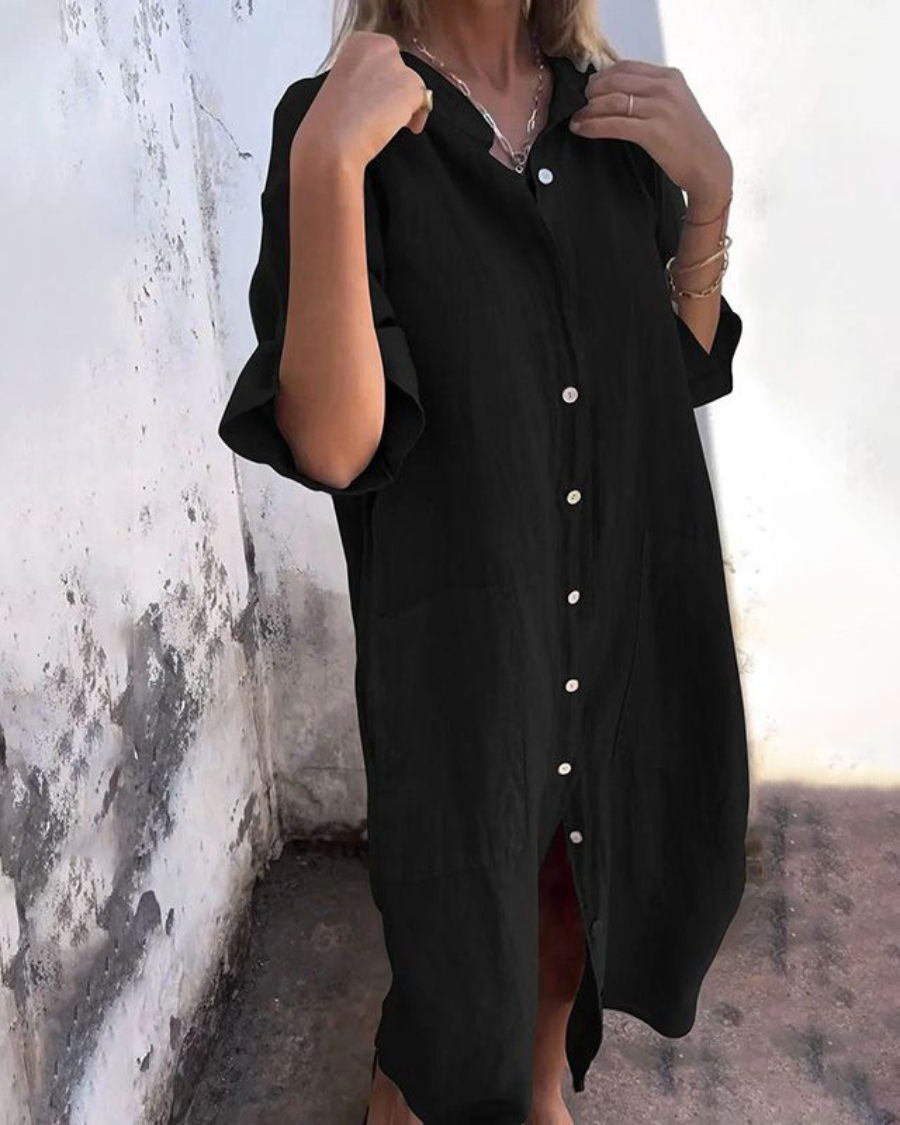 Dames Midi Jurk met Knoopsluiting Oversized en Zijsplit Zwart