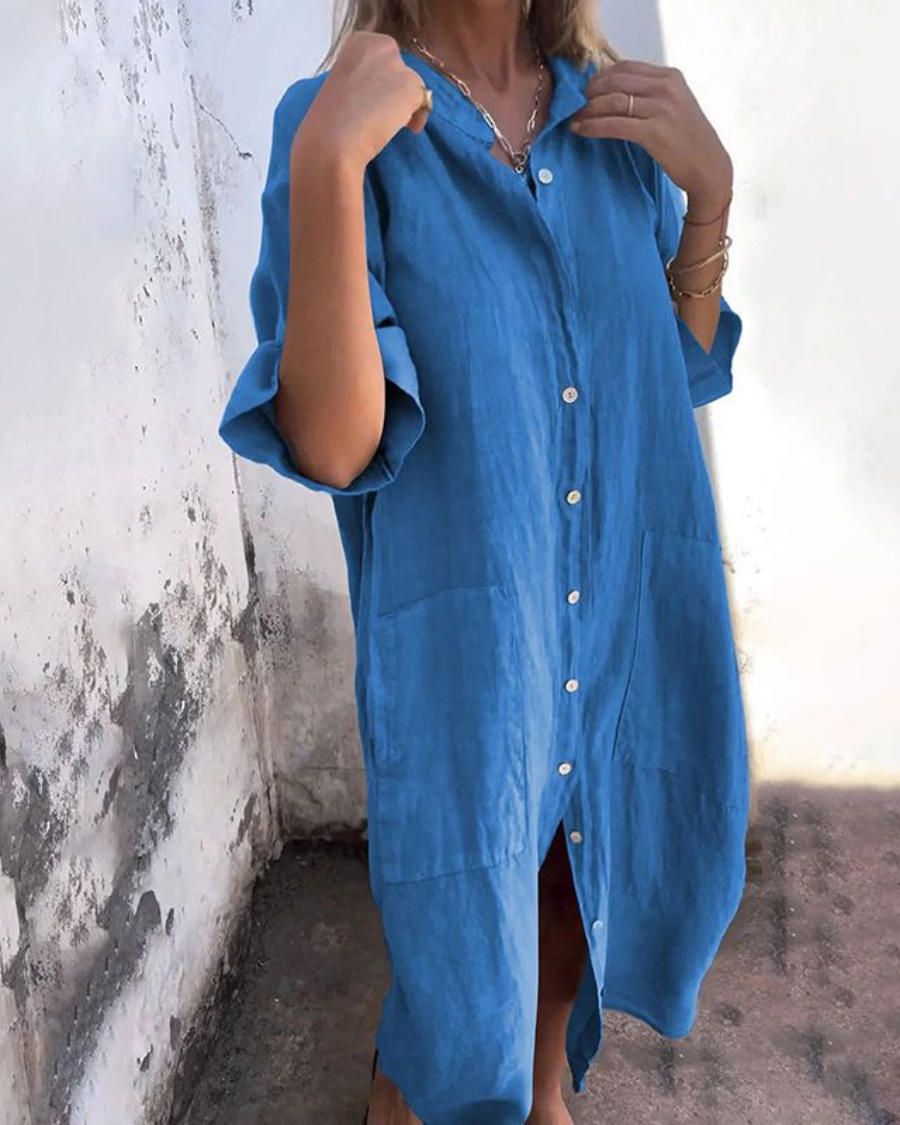 Dames Midi Jurk met Knoopsluiting Oversized en Zijsplit Blauw