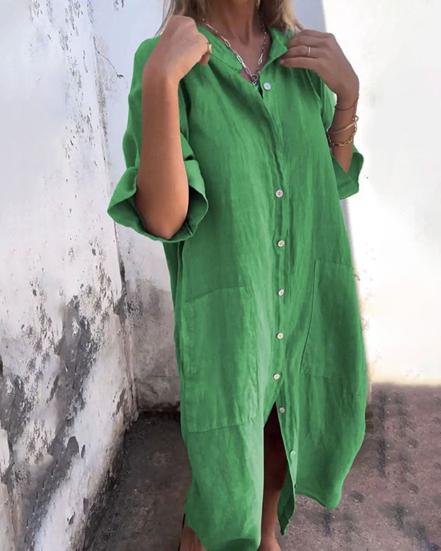 Dames Midi Jurk met Knoopsluiting Oversized en Zijsplit Groen