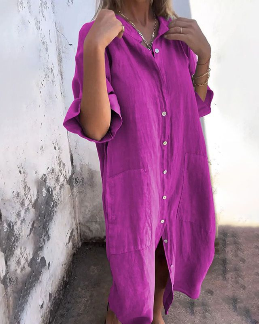Dames Midi Jurk met Knoopsluiting Oversized en Zijsplit Paars