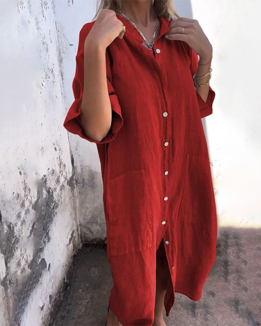 Dames Midi Jurk met Knoopsluiting Oversized en Zijsplit Rood