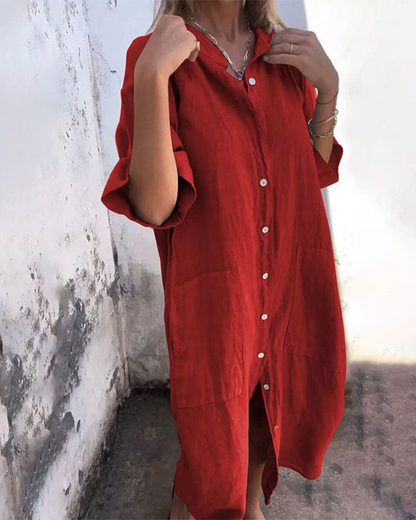 Dames Midi Jurk met Knoopsluiting Oversized en Zijsplit Rood