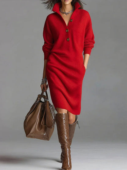 Dames Midi Jurk met Knopsluiting en Ontspannen Pasvorm Rood
