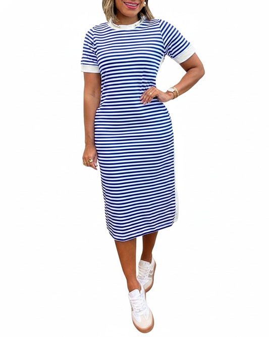 Dames Midi Jurk met Korte Mouw, Ronde Hals, Strepen en Zijsplit