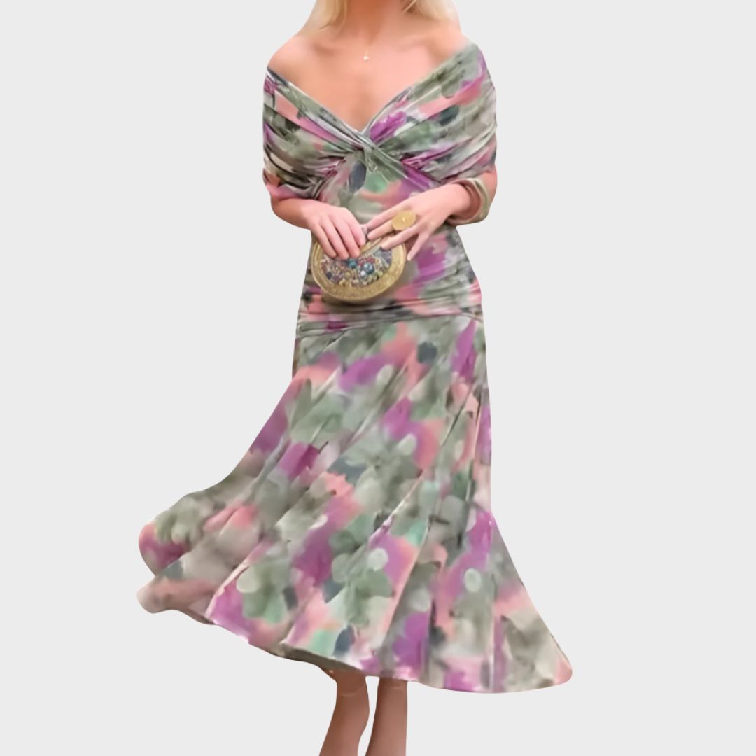 Dames Midi Jurk met Off-shoulder V-hals en Geplooide Taille