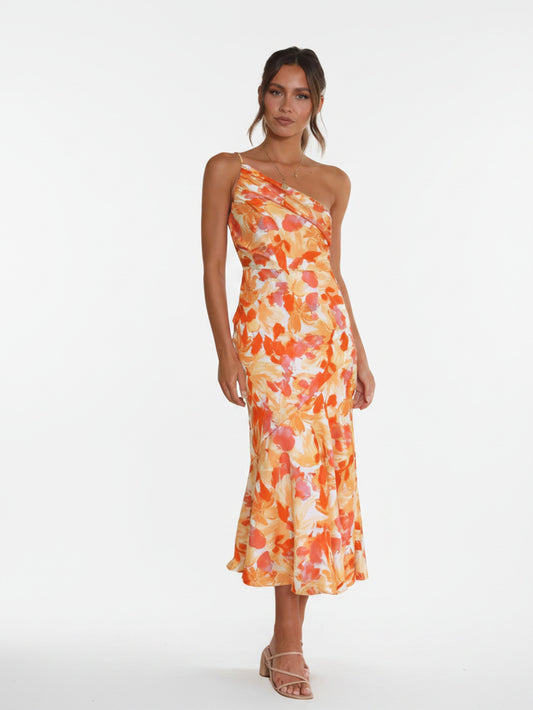 Dames Midi Jurk met One-Shoulder Hals en Bloemenprint