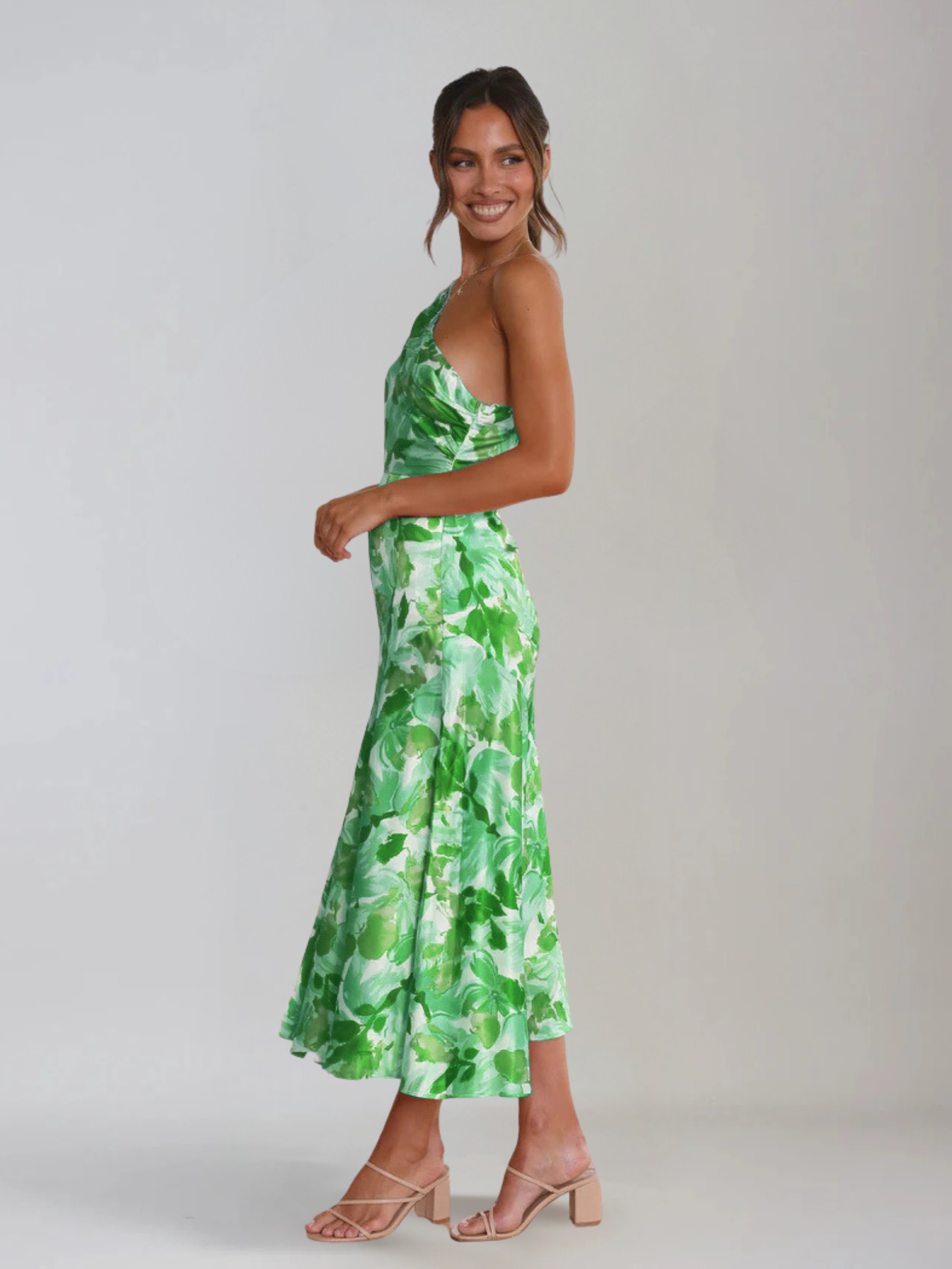 Dames Midi Jurk met One-Shoulder Hals en Bloemenprint