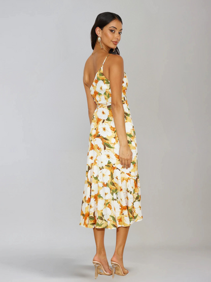 Dames Midi Jurk met One-Shoulder Hals en Bloemenprint