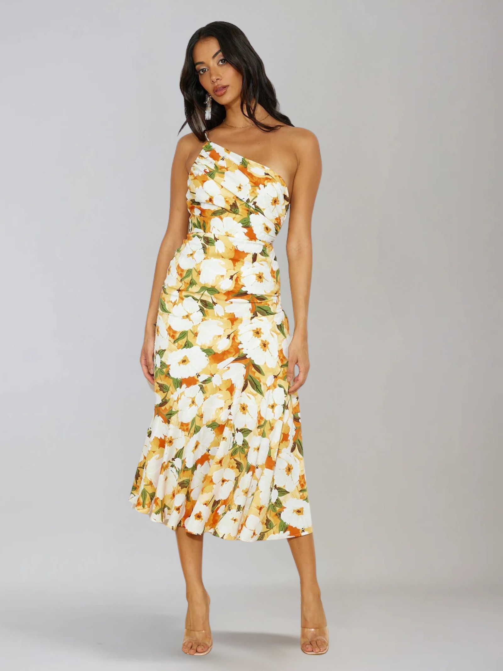 Dames Midi Jurk met One-Shoulder Hals en Bloemenprint Geel
