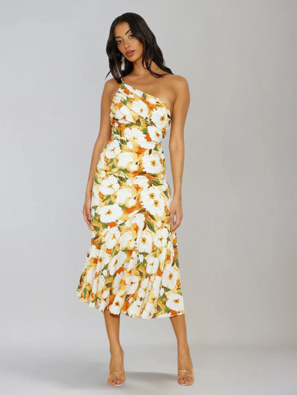 Dames Midi Jurk met One-Shoulder Hals en Bloemenprint Geel