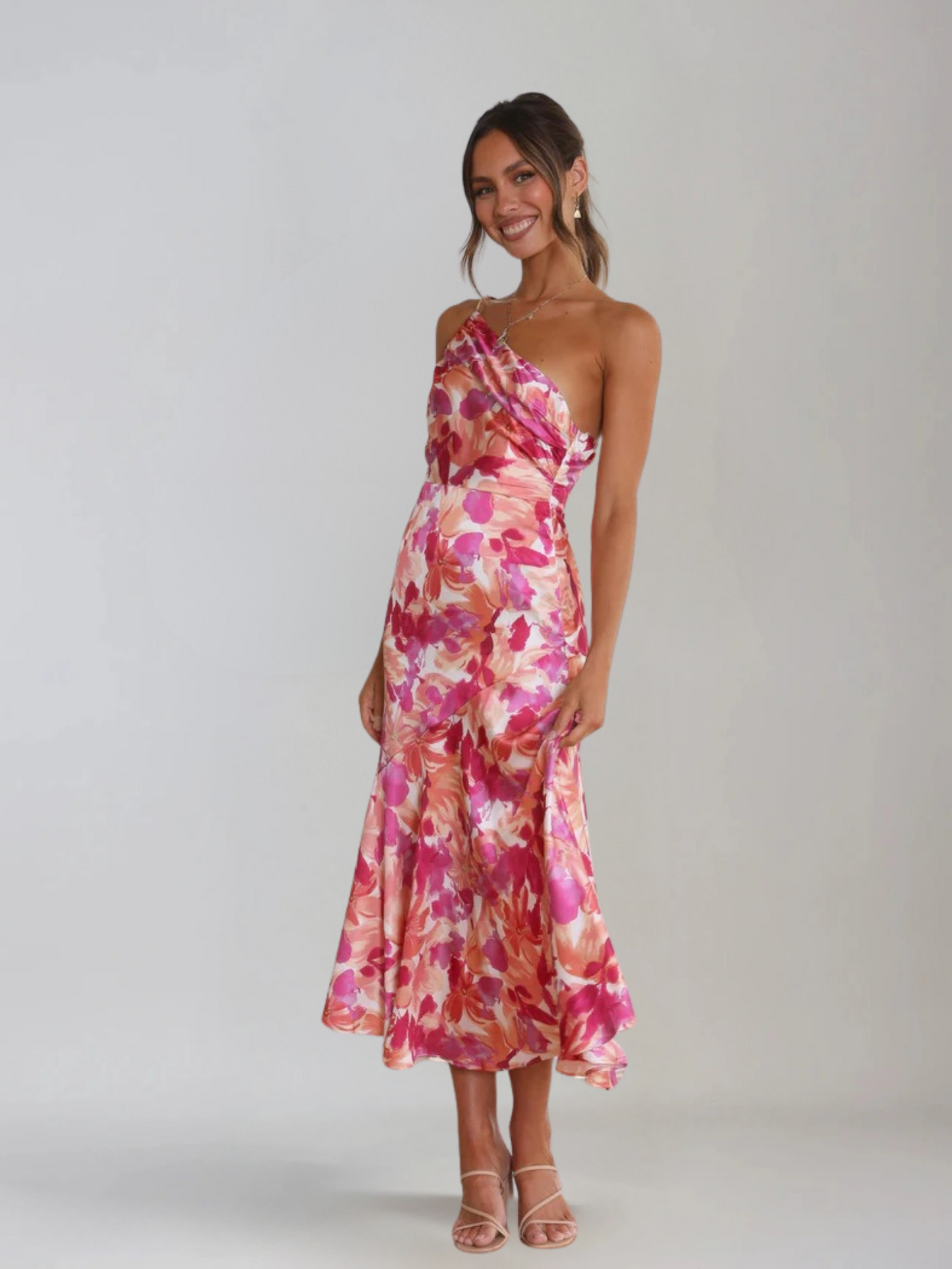 Dames Midi Jurk met One-Shoulder Hals en Bloemenprint Roze