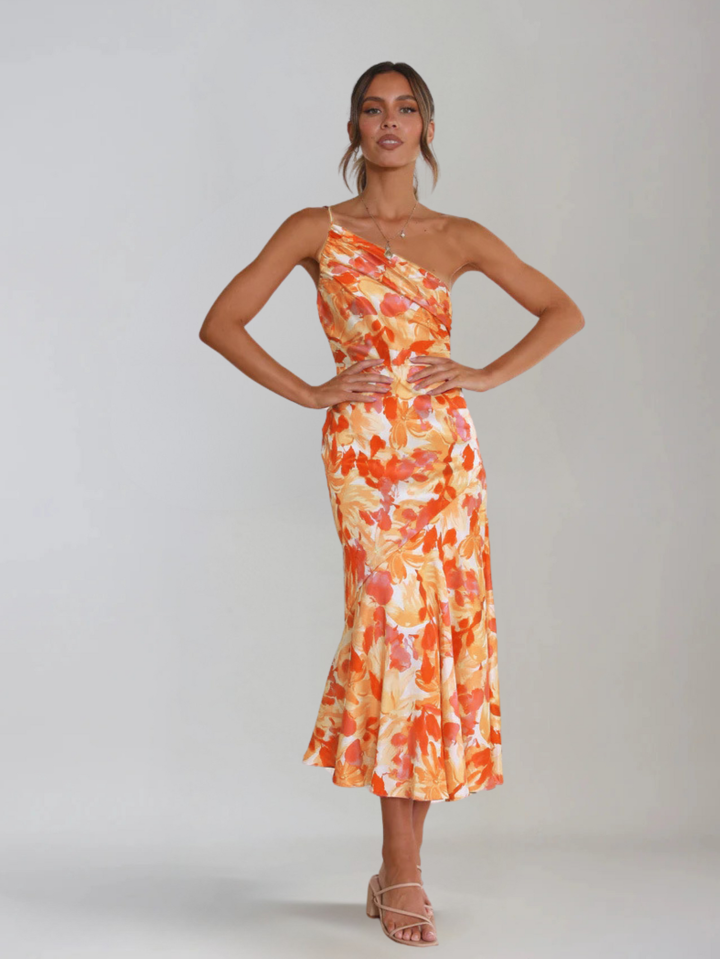 Dames Midi Jurk met One-Shoulder Hals en Bloemenprint Oranje