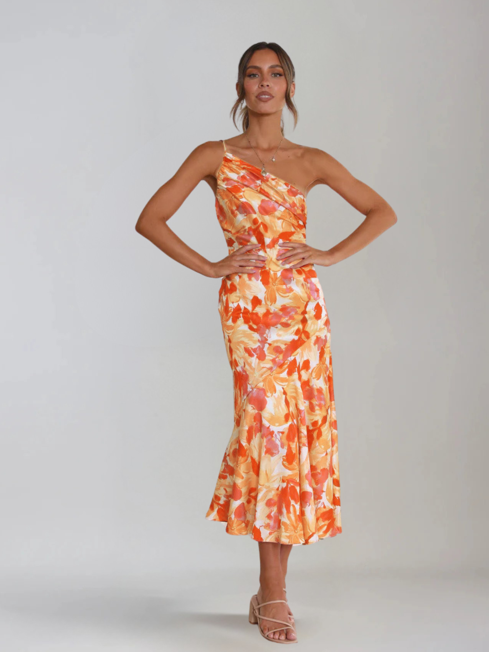 Dames Midi Jurk met One-Shoulder Hals en Bloemenprint Oranje