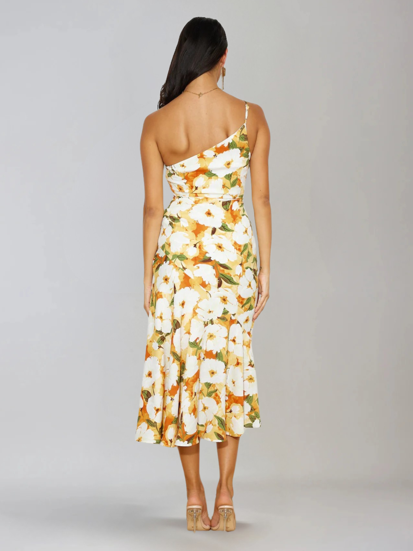 Dames Midi Jurk met One-Shoulder Hals en Bloemenprint
