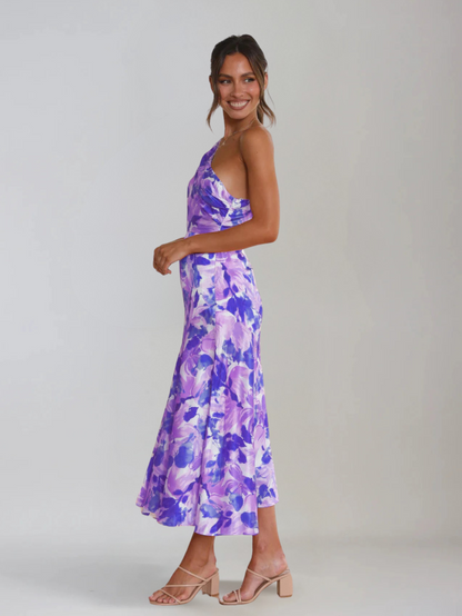 Dames Midi Jurk met One-Shoulder Hals en Bloemenprint Paars