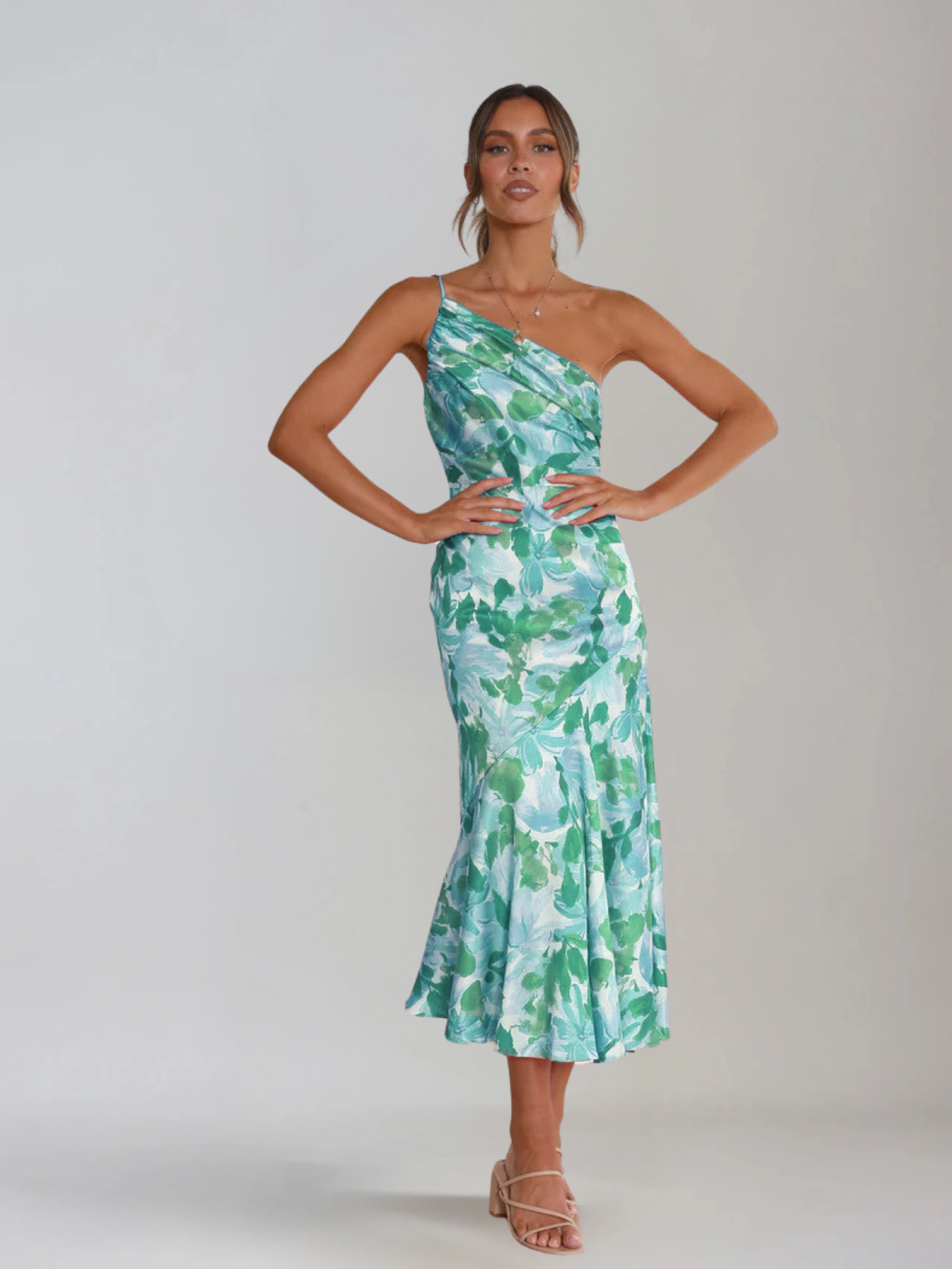 Dames Midi Jurk met One-Shoulder Hals en Bloemenprint Blauw