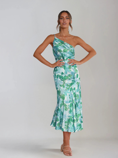 Dames Midi Jurk met One-Shoulder Hals en Bloemenprint Blauw