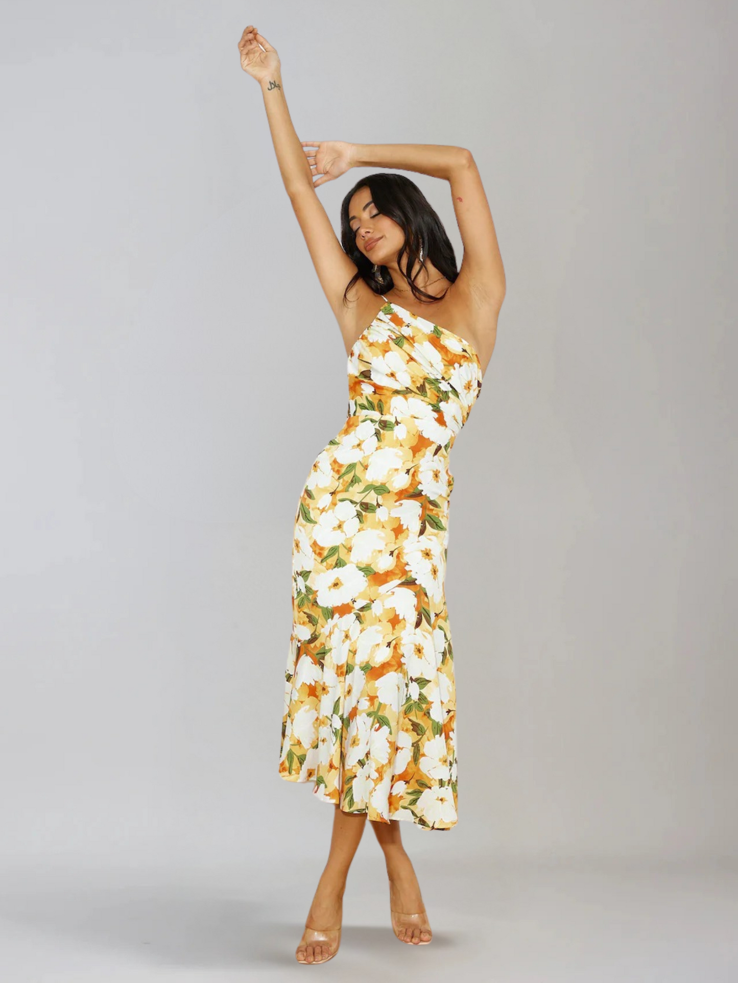 Dames Midi Jurk met One-Shoulder Hals en Bloemenprint