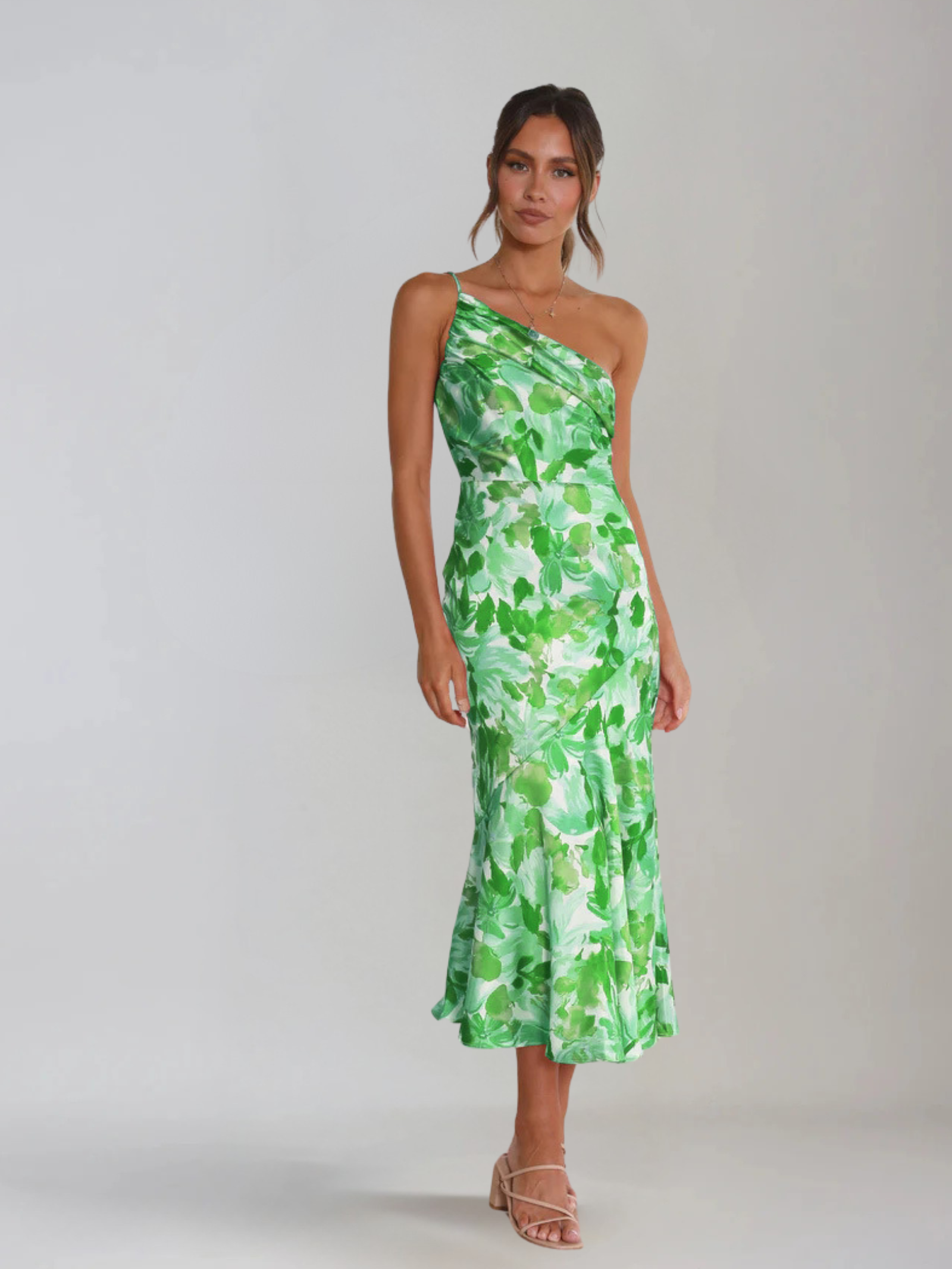 Dames Midi Jurk met One-Shoulder Hals en Bloemenprint Groen