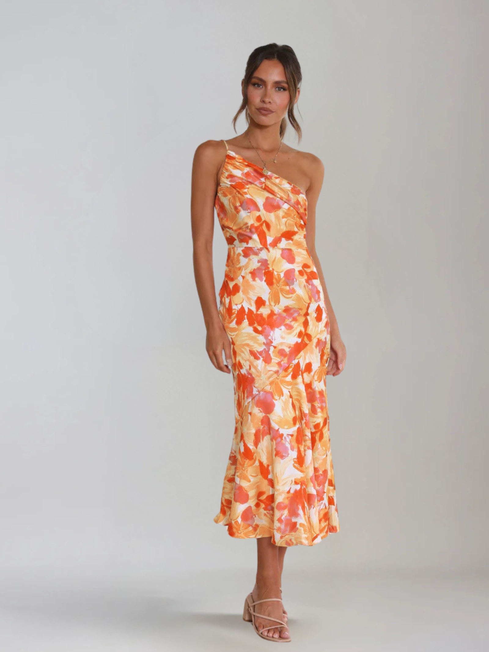 Dames Midi Jurk met One-Shoulder Hals en Bloemenprint